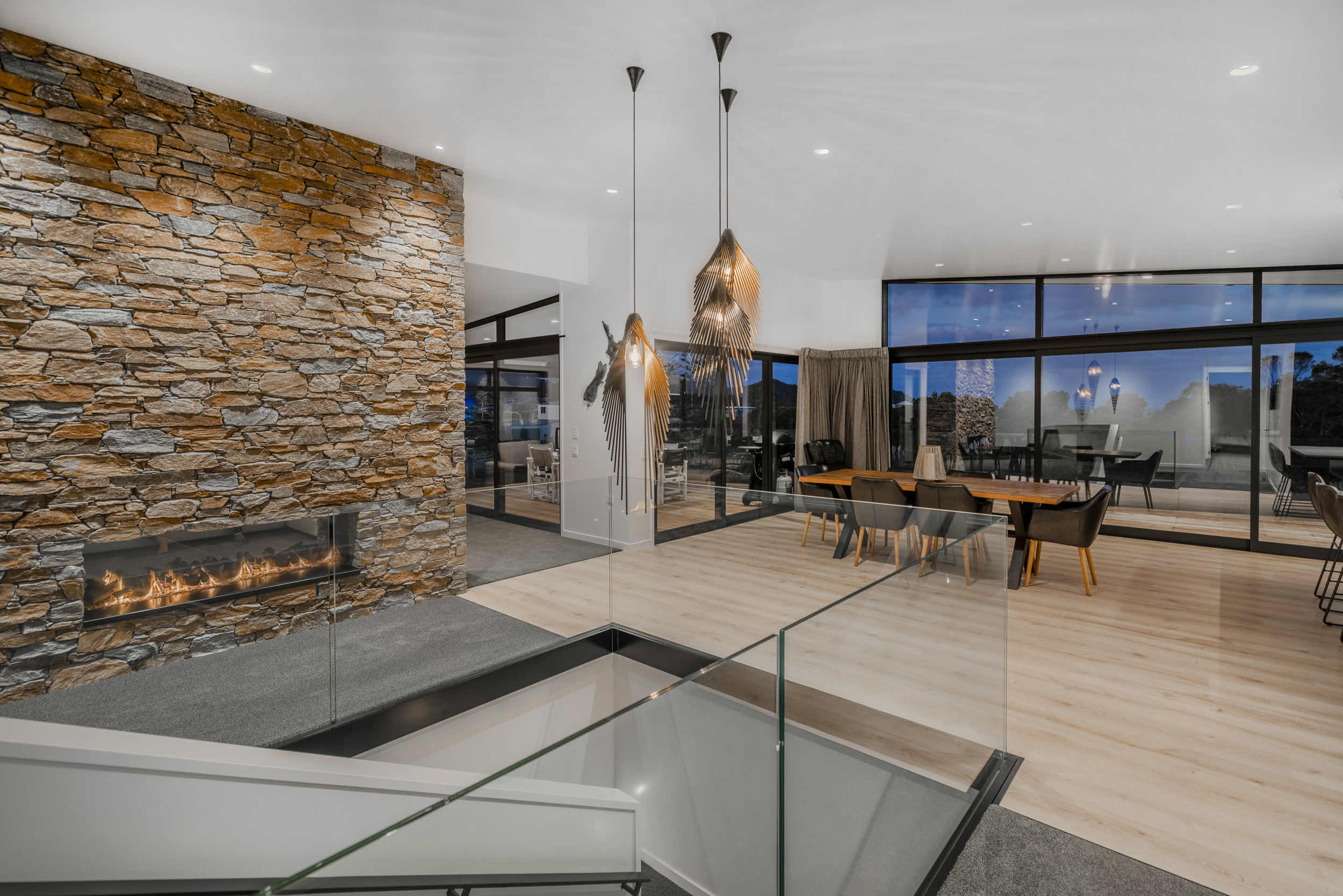 Living and dining, schist fireplace